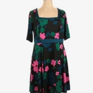 Black and Floral A Line Dress 3/4 Sleeve